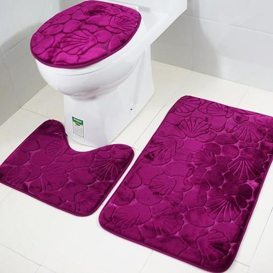 3Pcs en Kit Tapis de Bains-Toilettes Housse Couvercle Toilette Antidérapant Absorbant Coquillage en Rose Rouge Tapis WC en Flanelle