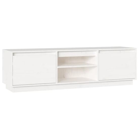 Meuble TV En Pin Massif Blanc HOMEELIKE - Dimensions 140x35x40 Cm - 2 Portes, 2 Compartiments Ouverts - Rangement Salon Pratique