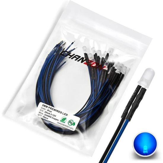 10 PEZZI DIODI LED BLU BLUE 5mm CABLATI 18cm CON