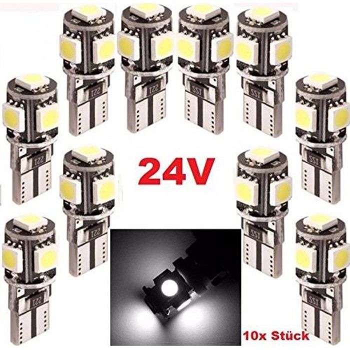 Ampoule LED T10 24V W5W 5 leds SMD Xenon Blanc LED pour Camion 4X4 Bateau