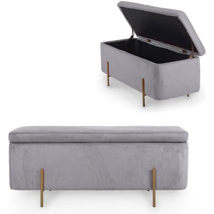 Banquette avec rangement en velours gris et métal doré KENZO