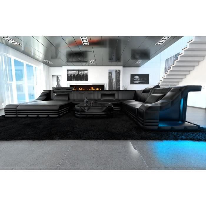 XXL Intérieur Design Torino Cuir Noir-Noir Canapé Coin Canapé Cuir Canapé Designersofa LED Eclairage Lumière Appuie-Tête Etc