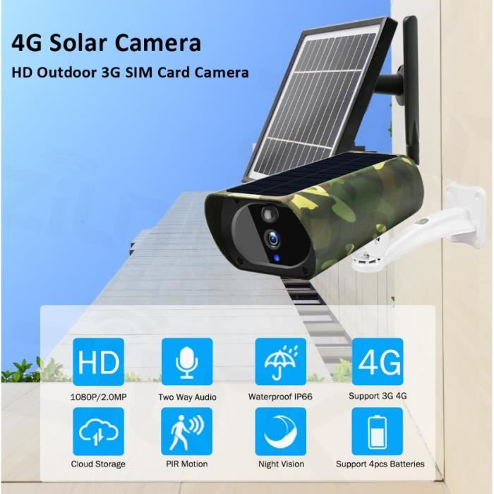 Caméra Solaire Sans Fil Extérieur 4G Panneau Solaire CCTV 1080P HD Sécurité IP Surveillance Caméra IP66