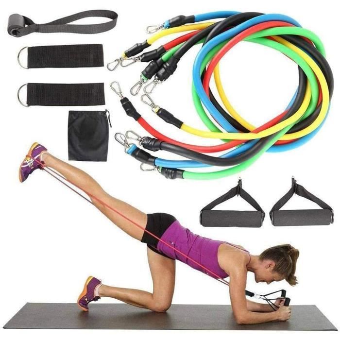 11pcs bandes de résistance elastiques musculation, 100lbs bandes de fitness kit avec ancre de porte poignées sangle de cheville ét