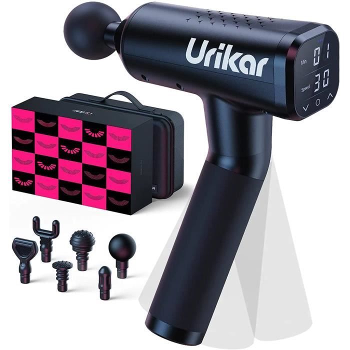 Urikar Pro 3, Pistolet de massage musculaire , avec manche antidérapant rotatif à 180°, 30 vitesses, 6 types de têtes de massage