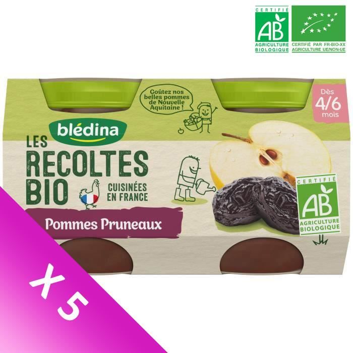 Blédina Les Récoltes Bio, Petits pots pour bébé Bio - Dès 4/6 mois - Pommes Pruneaux - Lot de 5 x 260 g