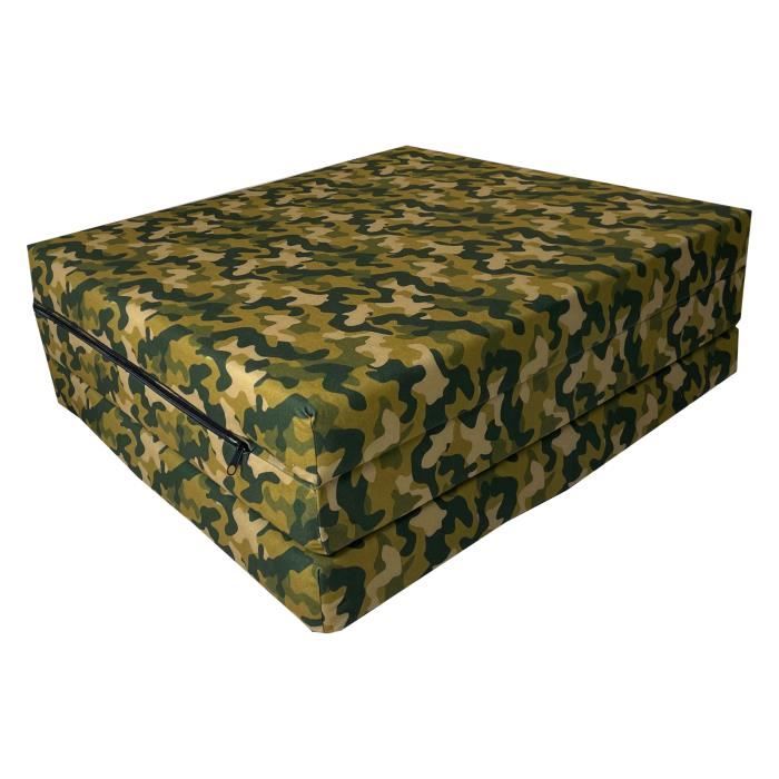 Matelas, lit d'appoint pliant 180x65x7 cm, chauffeuse, futon motif Camouflage jaune
