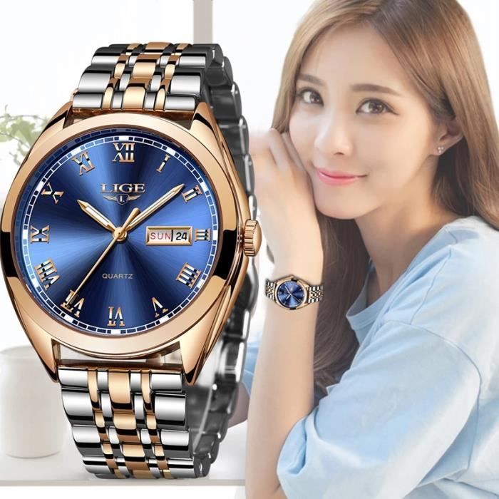 SHARPHY Montre femme fille de marque chiffres romains - Acier - bleu - Cadeau de Noël pour dames