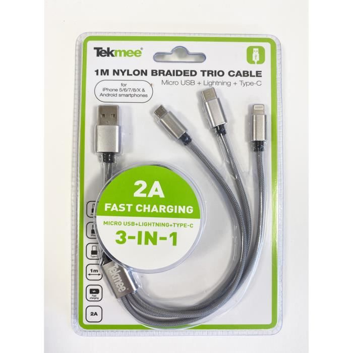 Câble 3 en 1 Tekmee USB vers Ligtning - Micro USB - Type C 1M 2A