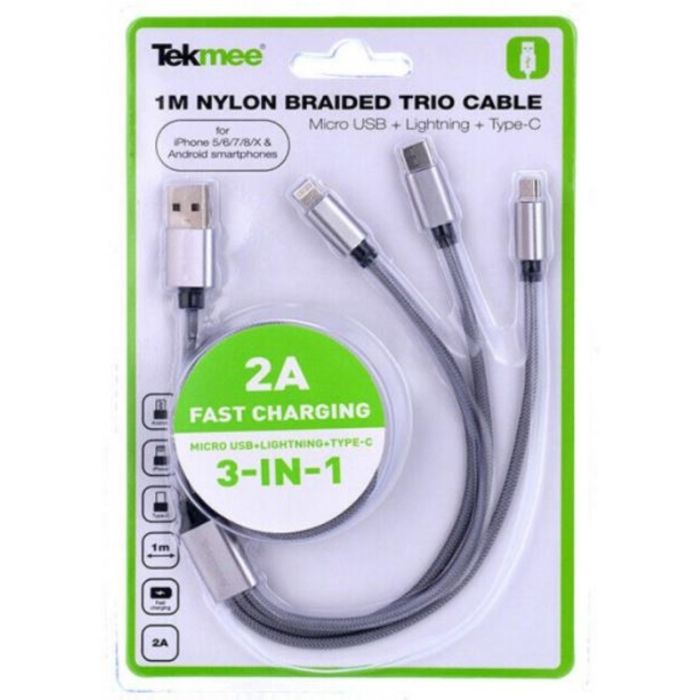 Câble 3 en 1 Tekmee USB vers Ligtning - Micro USB - Type C 1M 2A