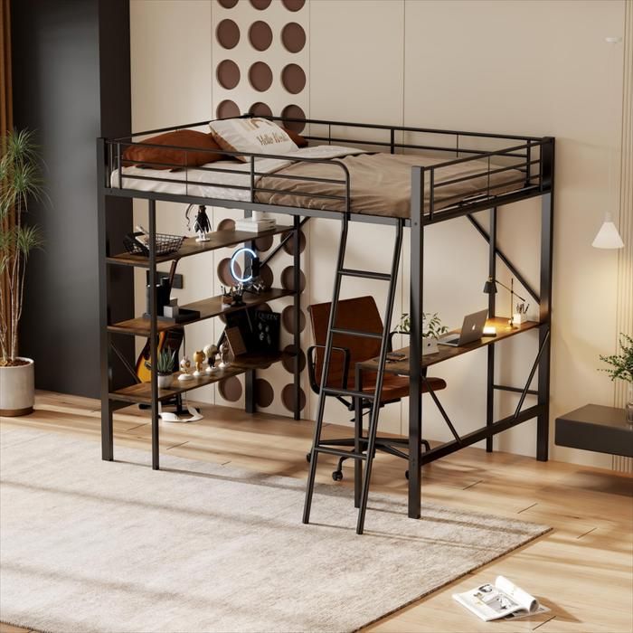 MODERNLUXE Lit mezzanine en métal 90x200cm lit en fer lit surélevé avec bureau et trois grandes étagères noir