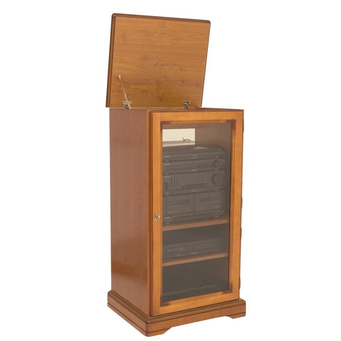 Rack Hifi - Merisier - 1 Porte Vitrée - Dessus Relevable - 5 Niches - 3 Etagères Réglables