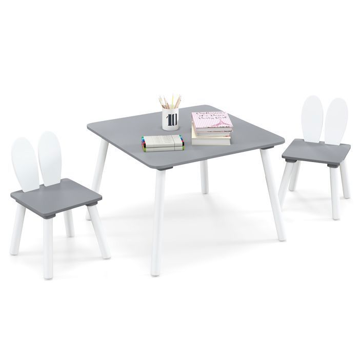 DREAMADE Table Enfants avec 2 Chaises à Oreilles de Lapin Pieds en Bois Massif Peu Encombrante Charge 40KG 3-6 Ans Gris