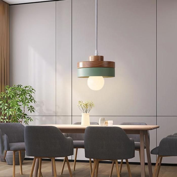 WOTTES Suspension en Bois et Métal - Vert 1pcs - Ø18*10cm - E27 - Design rétro Rond - Éclairage intérieur Lustre Cuisine Salon