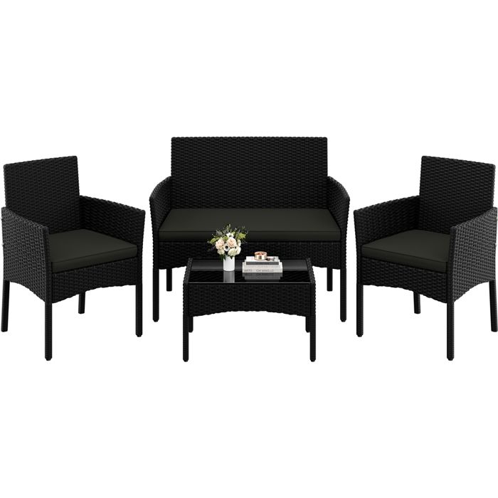 Yaheetech Salon de Jardin 4 Personnes en Polyrotin et Métal avec Coussin Canapé 2 Places 2 Fauteuils 1 Table Basse Noir/Gris