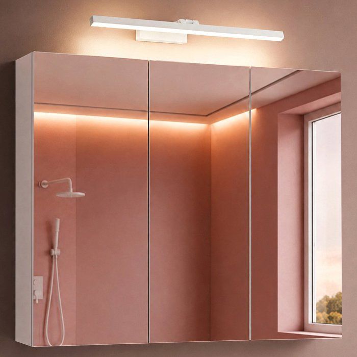 doporro Armoire Murale Salle de Bains avec Miroir et Lampe Strahlenschön Blanc Placard de Rangement Blanc Mat en Bois 100 cm