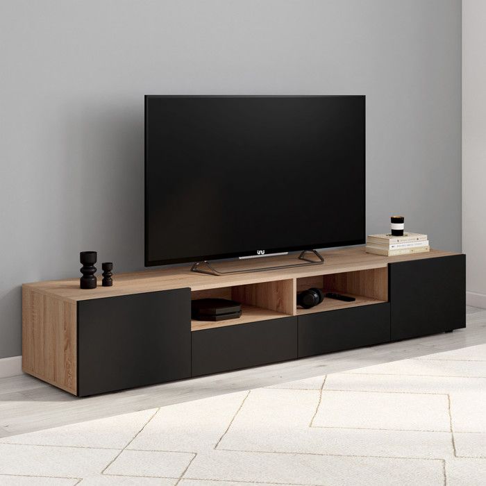 ID MARKET meuble tv ELI 4 portes 180 cm noir à poser