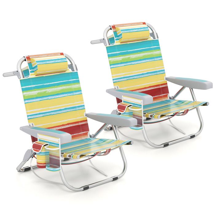 COSTWAY Lot de 2 Chaises de Camping Pliables avec 5 Positions Réglables Appui-Tête Poches Latérales Porte-Serviettes Coloré
