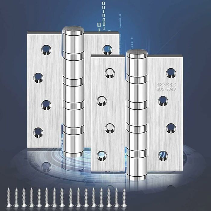 Lot de 2 Charnires de Porte en Inox paisseur 3 mm avec 16 Vis pour Meubles et Portes Argent