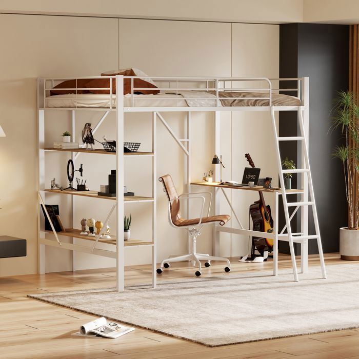 Lit Mezzanine Merax Cadre de Lit en Métal avec Bureau et Trois Étagères pour Enfants Adolescents et Adultes Blanc 90 x 200 cm Lit Mezzanine Merax Cadre de Lit en Métal avec Bureau et Trois Étagères pour Enfants Adolescents et Adultes Blanc 90 x 200 cm