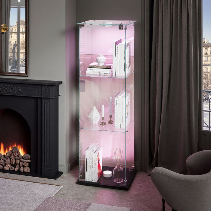 Vitrine en verre - Vitrine LED 3 étagères - Verre trempé - Roulettes - Noir 123x39x35 cm