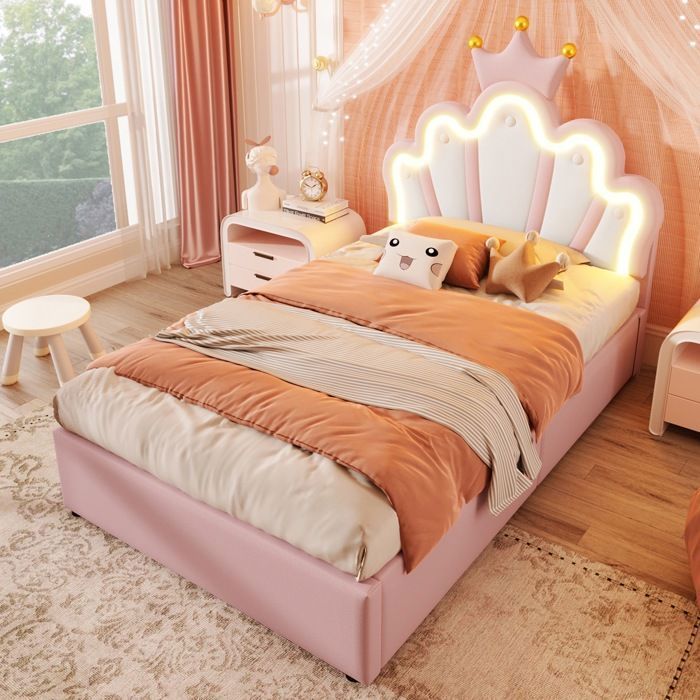 Lit rembourré enfant 90x200cm Lit coffre Lit princesse Lit capitonné PU avec tête de lit couronne bande LED et rangement - Rose