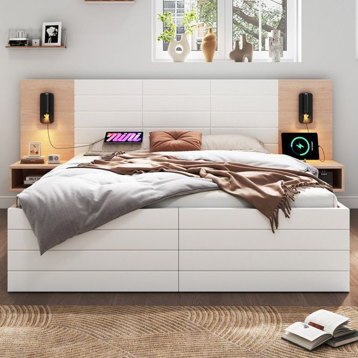 Lit moderne avec 2 tables de chevet lit double 160 x 200 cm tête de lit avec lampe de lecture et fonction de charge USB blanc
