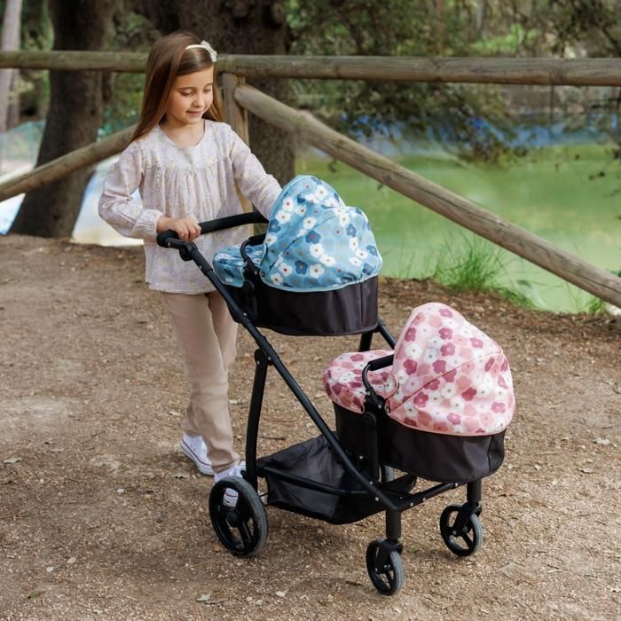 Poussette Double Roma Twin RHS Flora – Tissu Recyclé – Poignée Réglable 50-88cm – Pour Poupons 36 Mois Et + – Crème Et Rouge Baie
