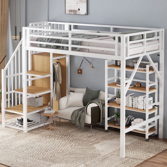 Lit mezzanine en métal 90x200cm étagère avec roulettes armoire avec tringle à vêtements lit surélevé Adulte/Enfant Fer+MDF
