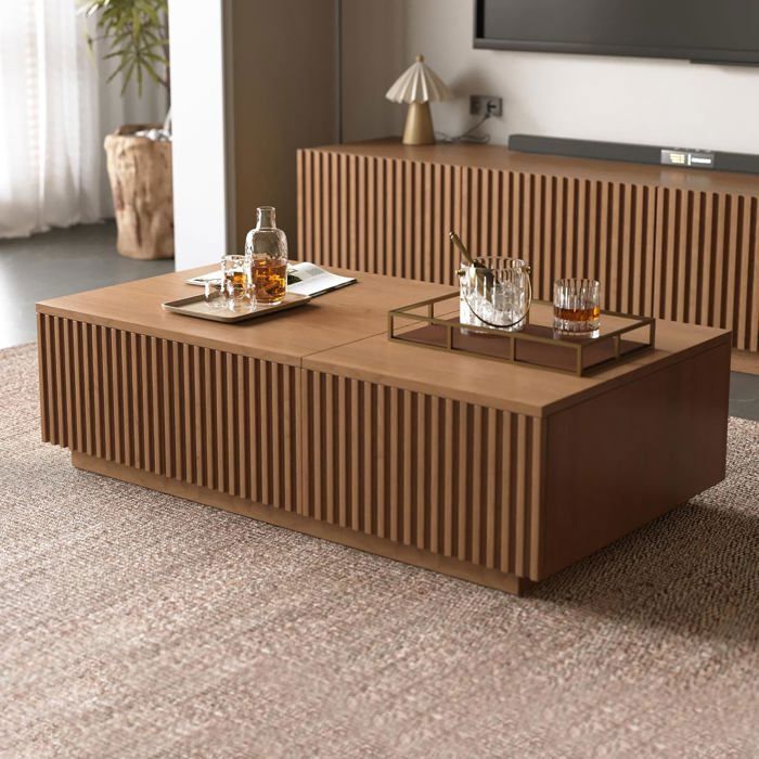 COSTWAY Table Basse Relevable, Table Basse Salon avec 6 Compartiments, Placard à Porte, Table