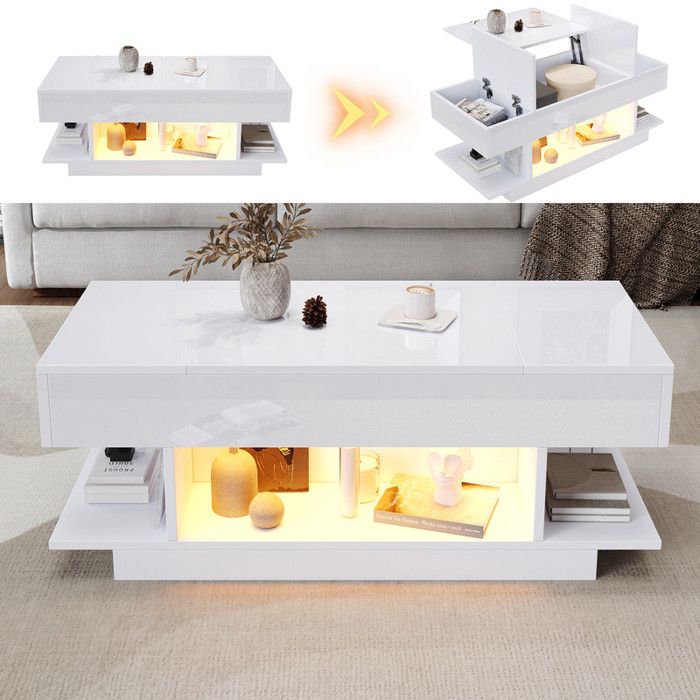 Table basse relevable avec LED - 98x45x40 cm - Blanc - Plateau relevable - Rangement semi-ouvert - Éclairage LED