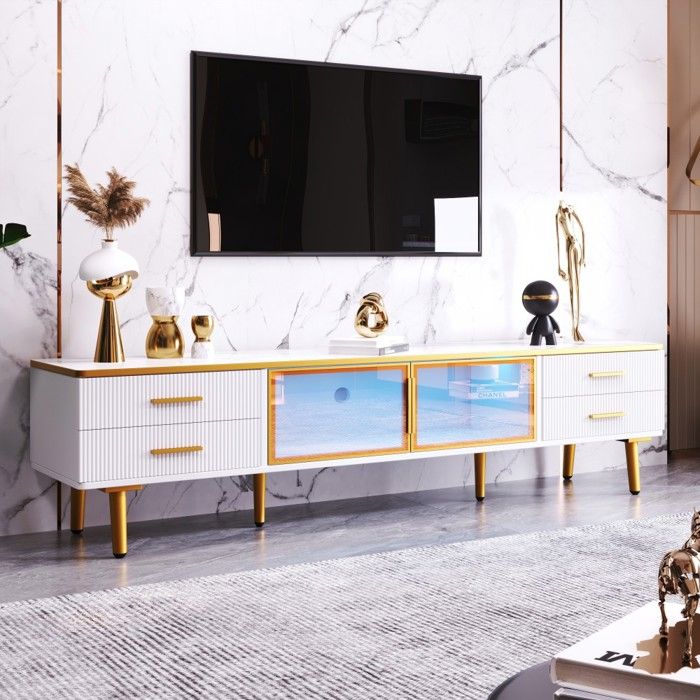 Meuble TV Bas Moderne 170 cm Aspect Marbre avec 4 Tiroirs et 2 Portes en Verre Trempé Marron pour Salon Salle à Manger