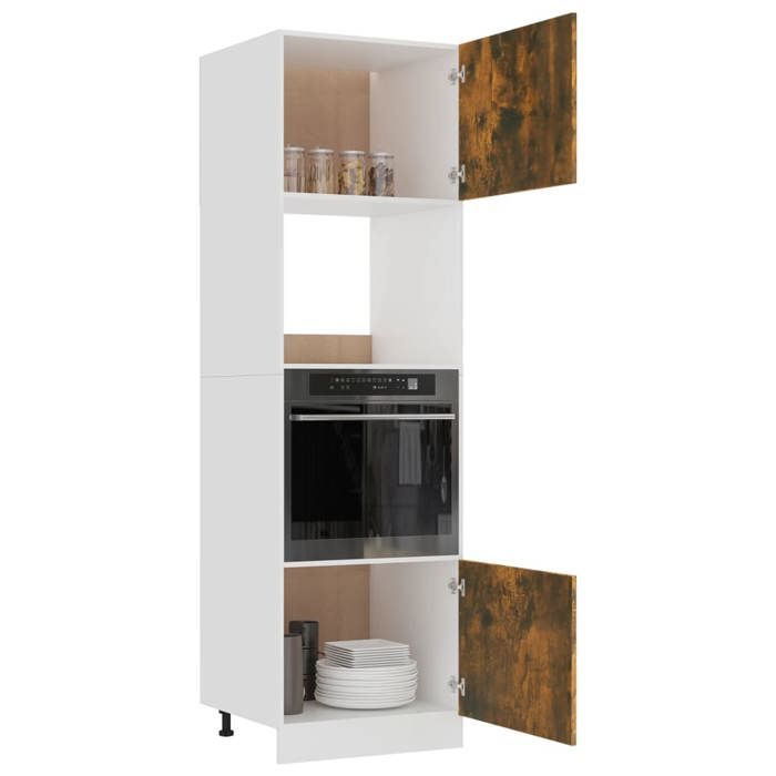 Meuble micro-ondes en chêne fumé - WIENS - 60x57x207 cm - Bois dingénierie - Chêne fumé - Grand espace de rangement
