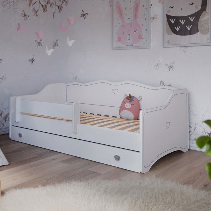 Lit enfant 80x160 EMMA – Blanc/gris – Avec sommier et tiroir lit