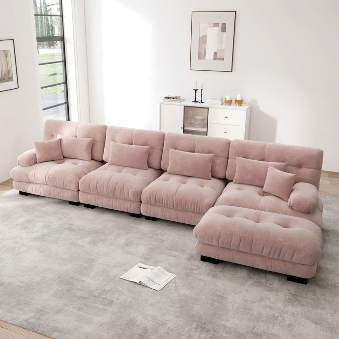 Canapé dangle nuage canapé 4 places en chenille avec coussins et pouf canapé capitonné avec accoudoirs pour salon Rose