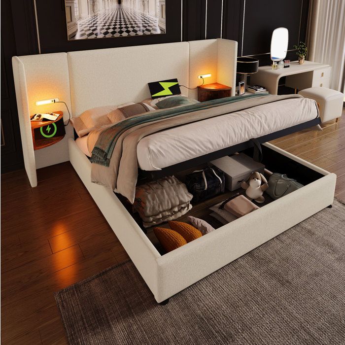 HOMVRA Lit Coffre 180×200 cm Lit Adulte avec 2 Chevets Lampes et USB Sommier à Lattes Lin Beige (Sans Matelas ni Fond)