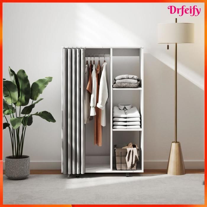 Armoire penderie mobile - AKOZON - 10806 - Blanc - 3 compartiments - Tringle intégrée - 4 roulettes