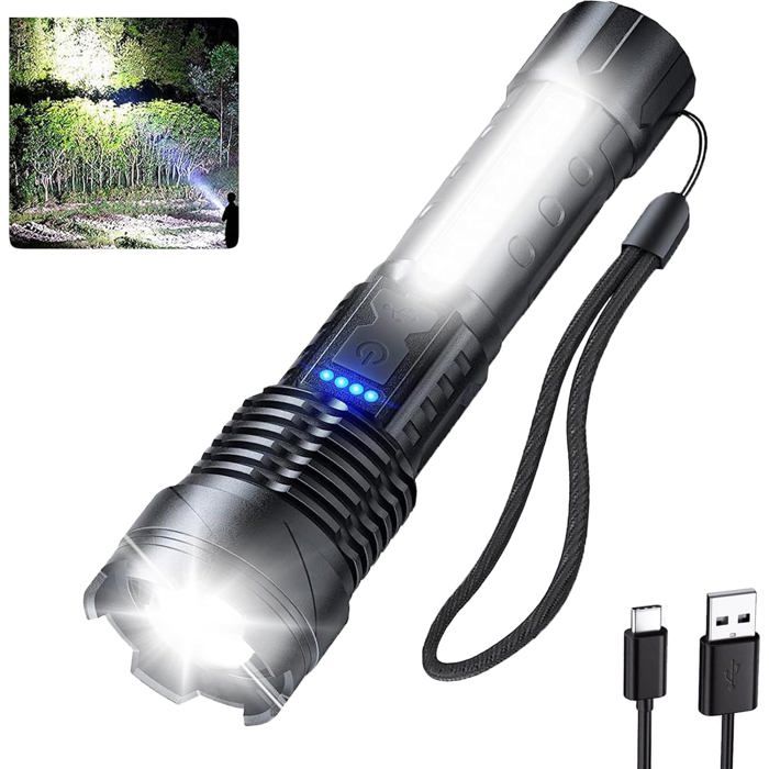 Lampe torche rechargeable 99999 lumens LED 7 modes zoomable USB étanche tactique puissance maximale portable