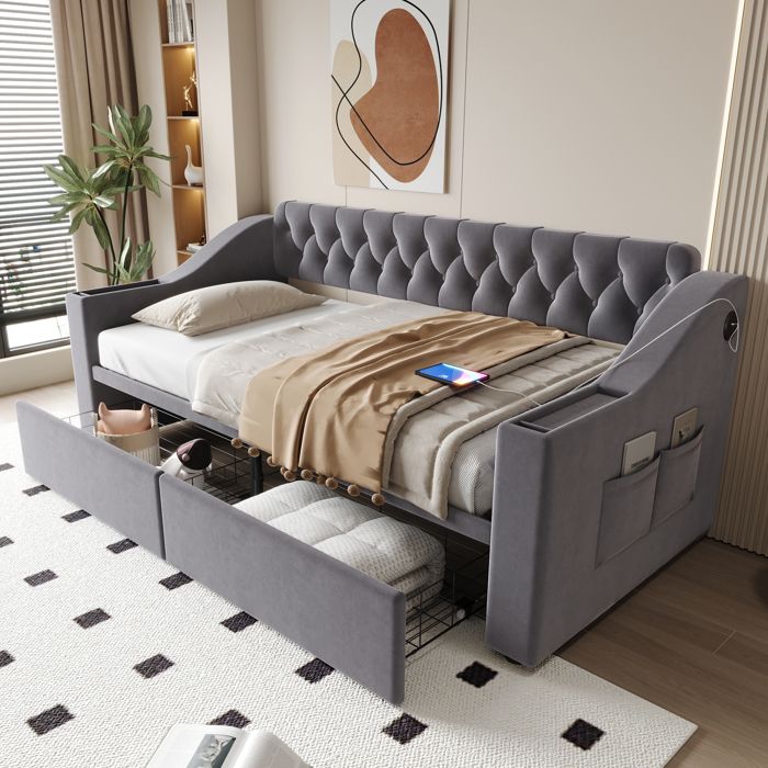 MIVRAY Lit Banquette 90×190 cm Lit Simple avec USB Type-C 2 Tiroirs et Accoudoirs de Rangement sans Matelas Gris