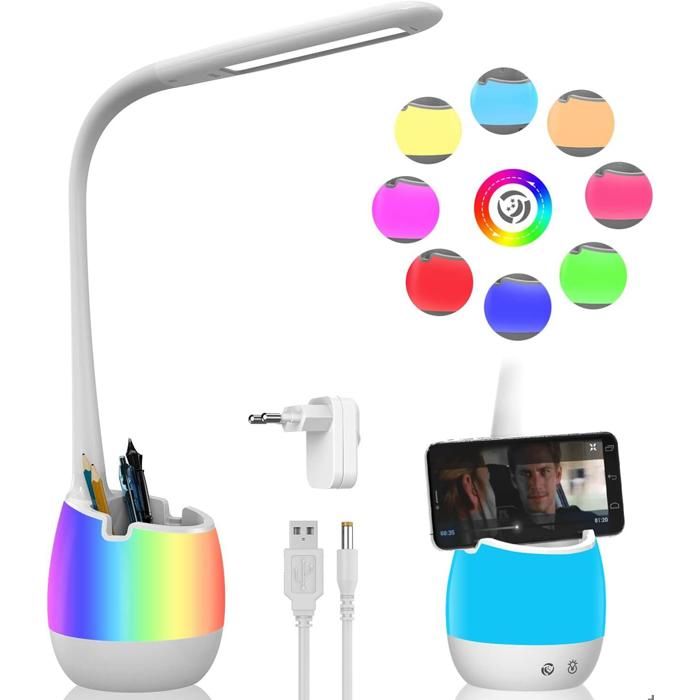Lampe de Bureau Enfant Lampe de Table Détude Eye Caring avec Porte-Crayon/Batterie 2000mAh/8Veilleuse Colorée/3 Modes/3 Niveaux de
