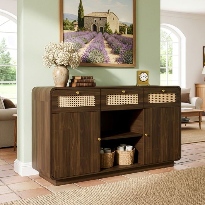 Buffet bas - SOGEU - 120 cm - 3 tiroirs 2 portes - Finition noyer & accents rotin - Poignées dorées étagères réglables