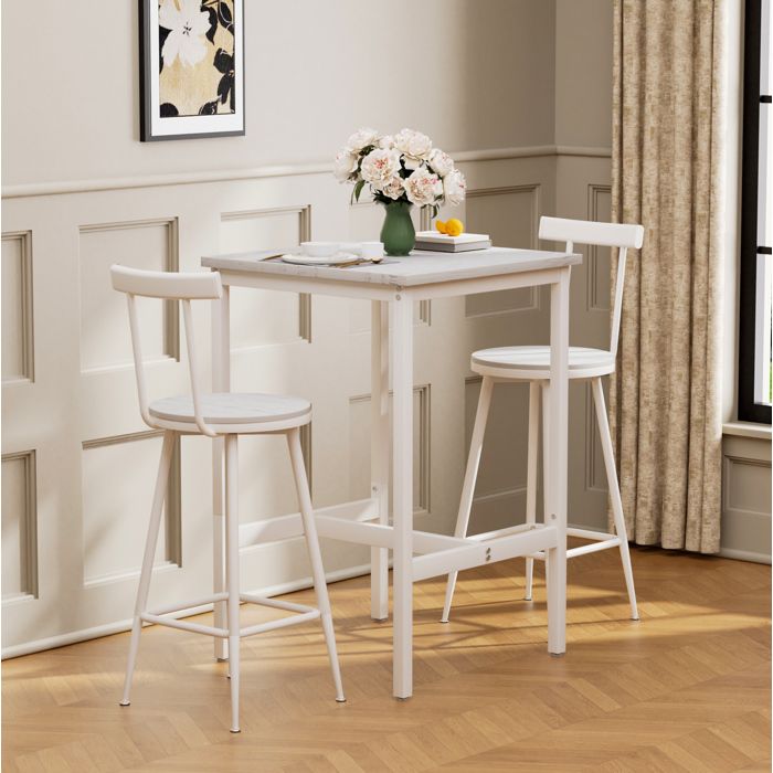 Table bar avec 2 chaises EVRYAE 60 x 60 x 92 cm style industriel blanc dossier structure métal