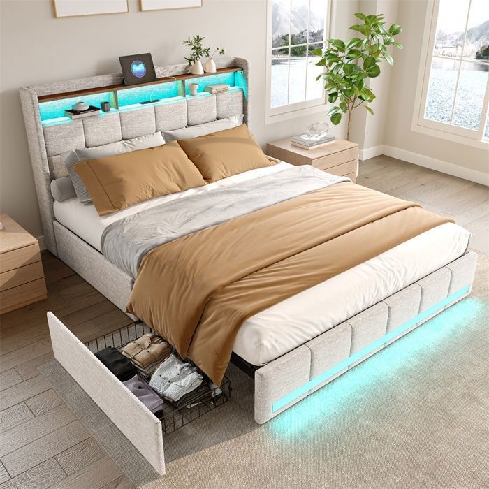 Lit Double 140x200cm - Lit Adulte 140x200cm avec 4 Tiroirs&LED et Prises USB/Type-C - Sans matelas - Beige