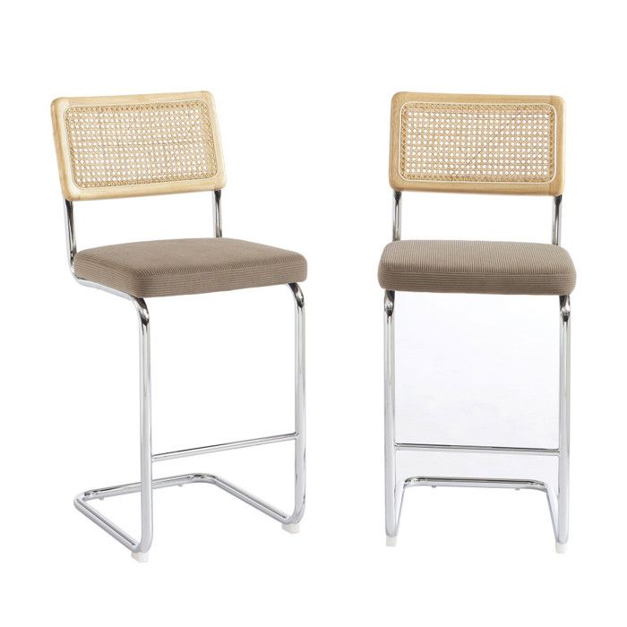 Skana - Lot de 2 chaises de bar en velours côtelé pieds chrome H66cm - Taupe Skana - Lot de 2 chaises de bar en velours côtelé pieds chrome H66cm - Taupe