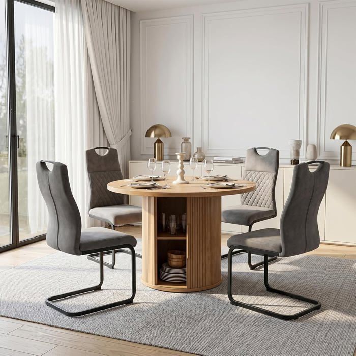 JIEXI Ensemble table de salle à manger ronde et 4 chaises table de cuisine en bois de 110 cm avec piédestal de rangement