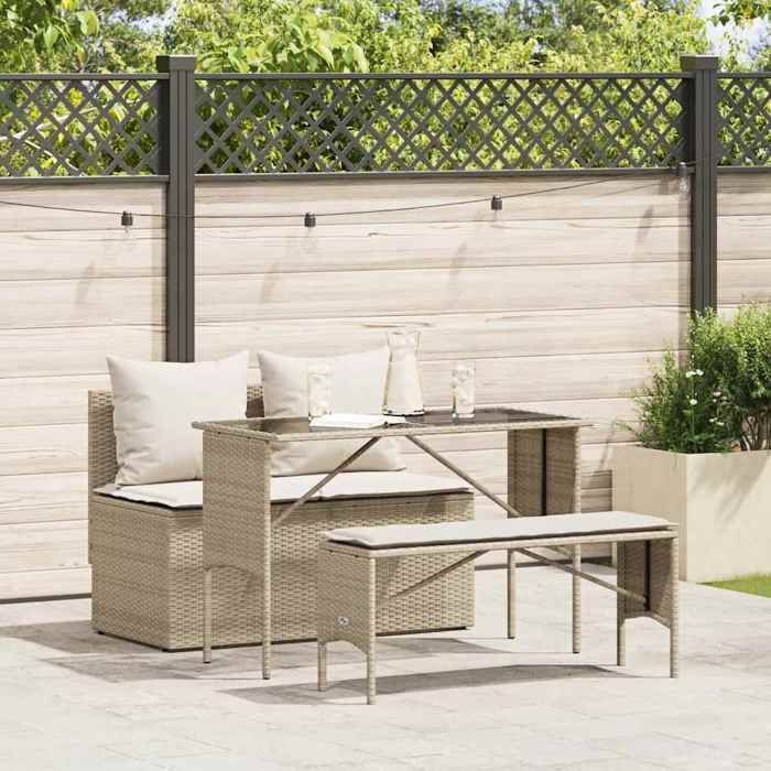 VIDAXL Ensemble Table avec chaises jardin et coussins - (3 pcs) - ANTI-UV - Beige poly rotin 110x55x72.5 cm M9129