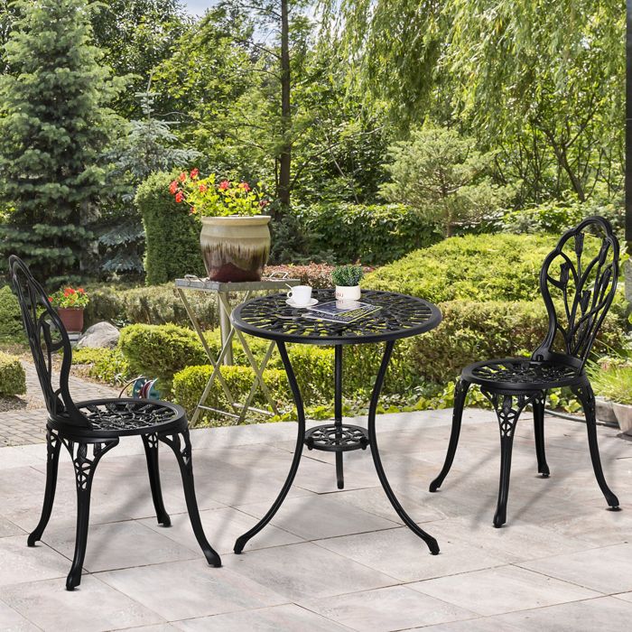Salon de balcon 2 personnes en aluminium noir 1 table + 2 chaises pour repas extérieur