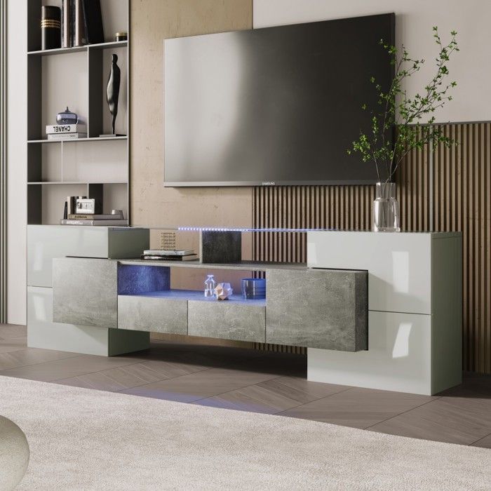 Meuble TV 200cm Blanc Brillant - Plateau Verre Gris LED - Lowboard Moderne - Rangement Élégant - Salon Meuble TV 200cm Blanc Brillant - Plateau Verre Gris LED - Lowboard Moderne - Rangement Élégant - Salon