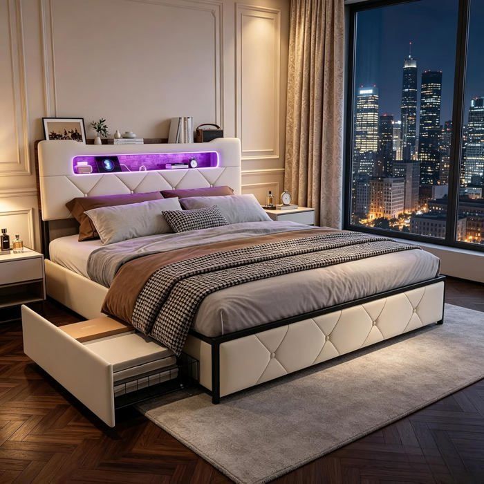 Lit 160x200 sommier LED & USB double rembourré lattes & 4 tiroirs tête rangement adultes & ados velours (beige clair)