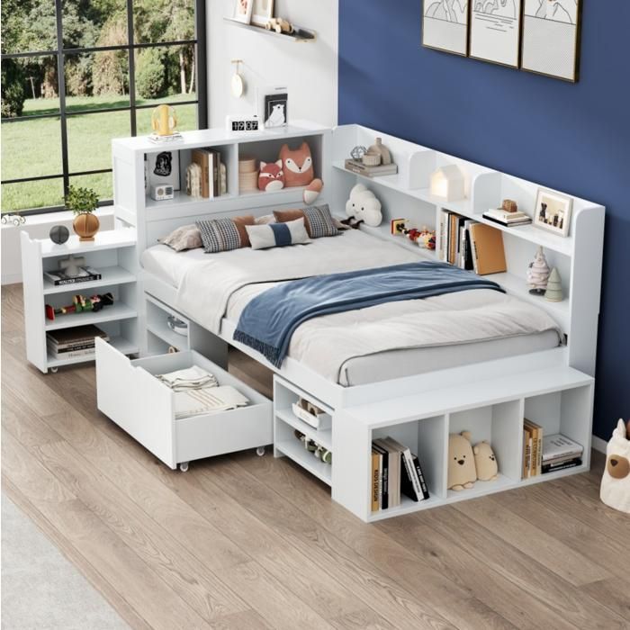 Lit Enfant Combiné Multifonction 90 x 200 cm 1 Place Blanc Avec Tiroir Bibliothèque Et Rangements Intégrés Sommier À Lattes Inclus